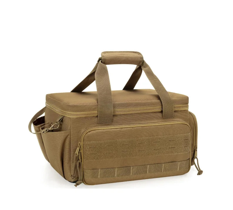 A tan heavy-duty multi-pocket tool bag with reinforced base and carrying handles.