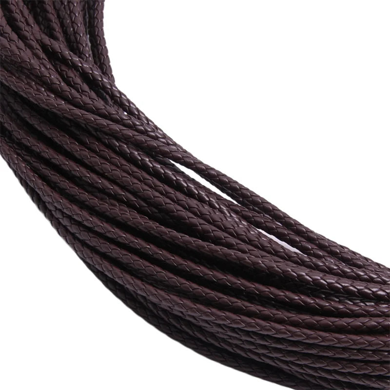 Close-up of dark brown braided leather cord used for jewelry making