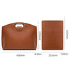 A brown leather laptop briefcase shown with dimensions for hand carry and internal packing.