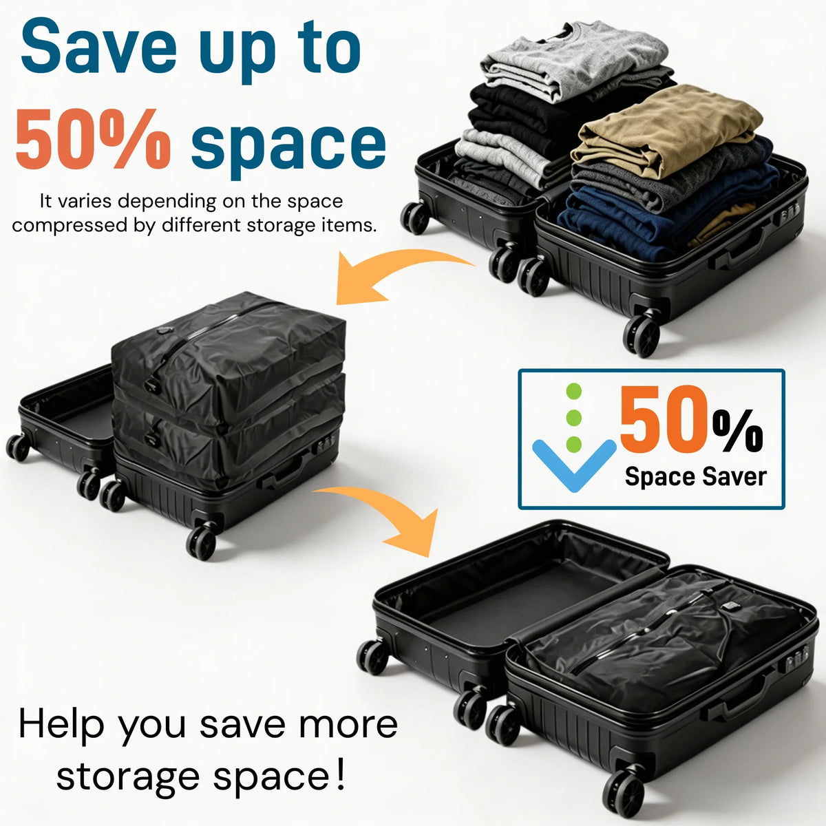 Black vacuum storage bags shown compressing clothing and items to save up to 50% space