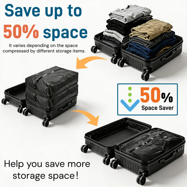 Black vacuum storage bags shown compressing clothing and items to save up to 50% space
