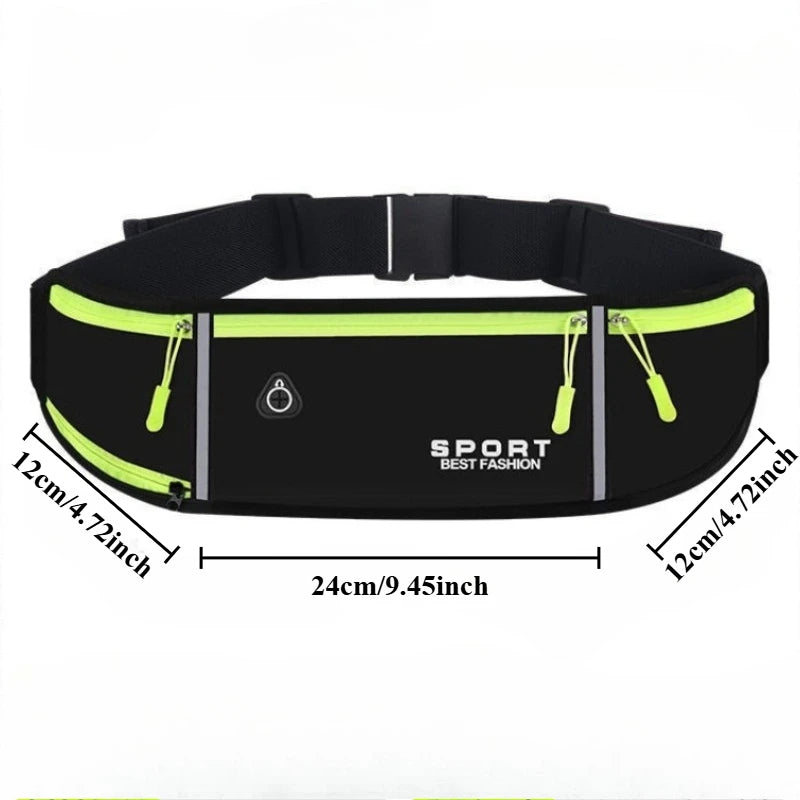 Black sports belt with a neon yellow water bottle pocket and adjustable straps