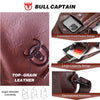 A brown genuine leather sling backpack featuring a convenient front pocket design, large capacity, and electroplated hardware