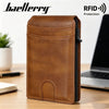 A brown PU leather card holder wallet with RFID protection is shown on a wooden surface.