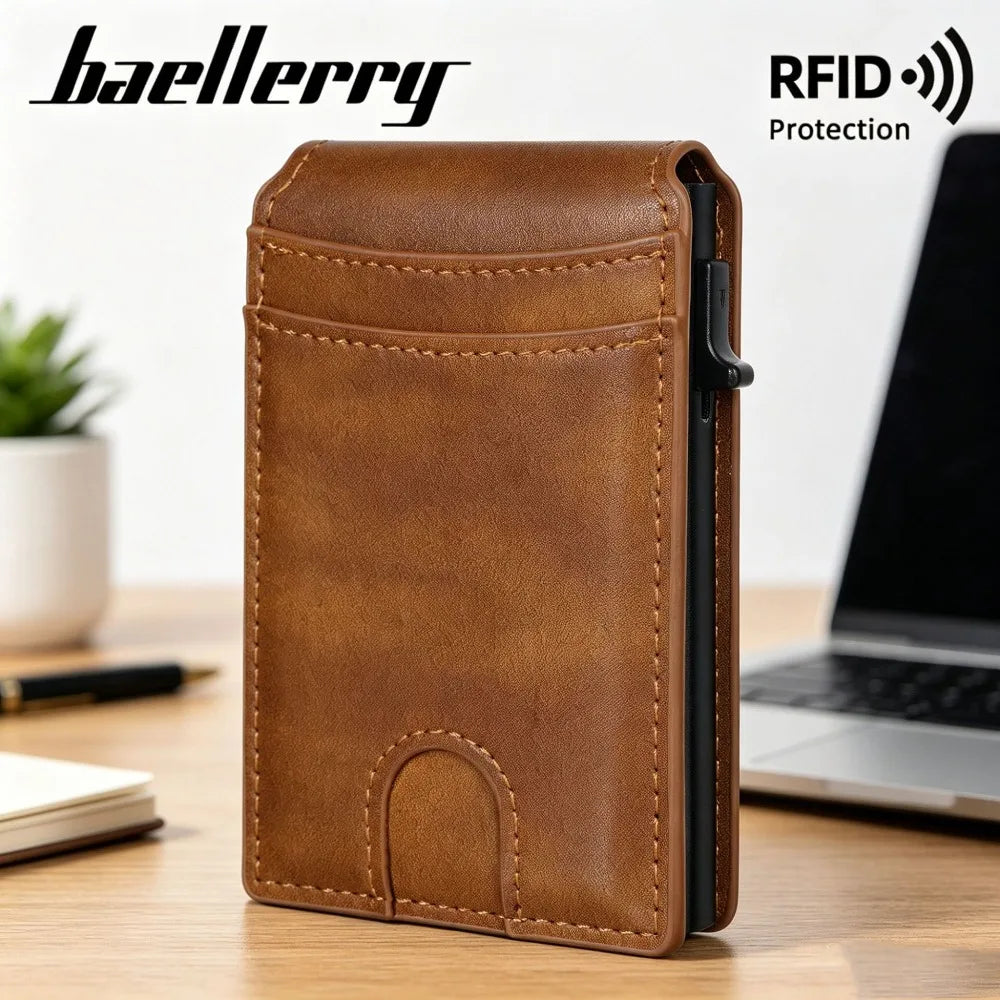A brown PU leather card holder wallet with RFID protection is shown on a wooden surface.
