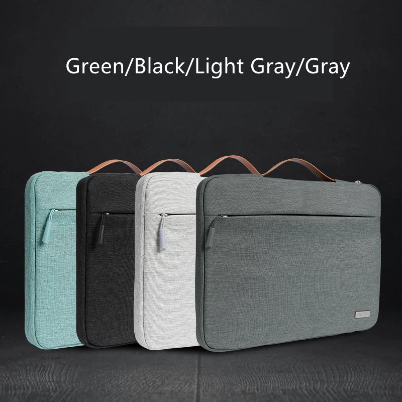 A set of multi-pocket laptop sleeves in green, black, light gray, and gray with handles.
