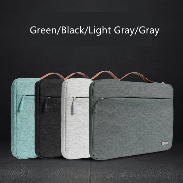 A set of multi-pocket laptop sleeves in green, black, light gray, and gray with handles.