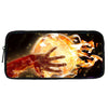 A black zippered pouch featuring a glowing hand emerging from an orange, fiery circle against a dark background.
