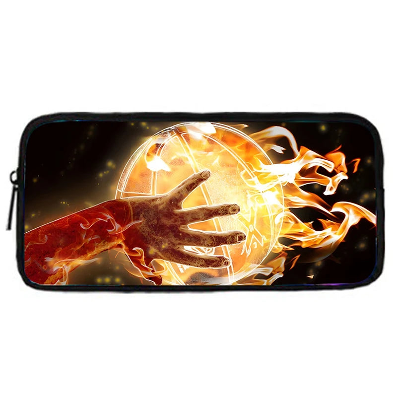 A black zippered pouch featuring a glowing hand emerging from an orange, fiery circle against a dark background.