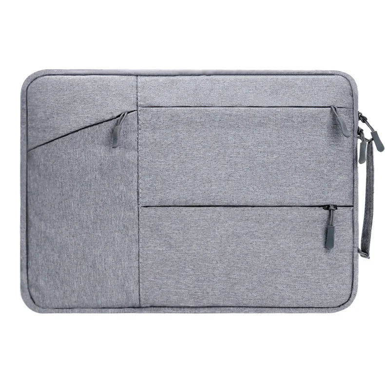 A gray premium waterproof laptop sleeve designed to protect a MacBook.