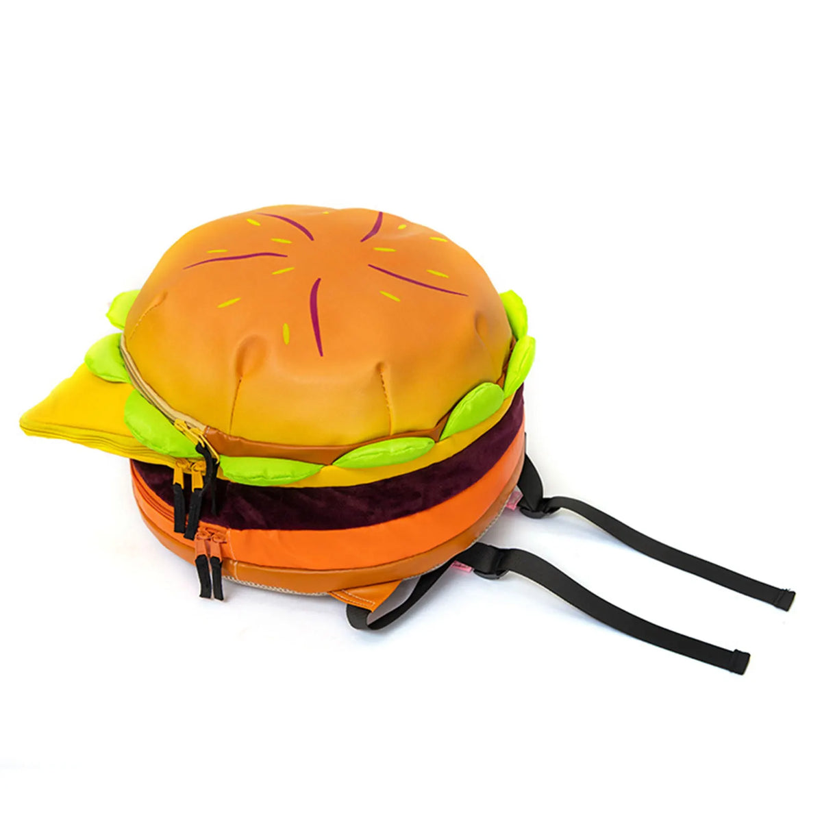 An orange cheeseburger novelty backpack with a yellow bun and green lettuce, featuring black straps.