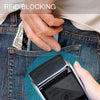 A hand is placing a card into a slim metal RFID protection card holder wallet inside a denim pocket.