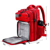 A red tactical 45L waterproof hiking and gym backpack shown from the side with dimensions.