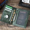 A green leather passport card holder displaying various cards and a passport document on a wooden surface.