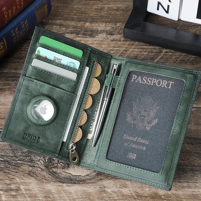 A green leather passport card holder displaying various cards and a passport document on a wooden surface.