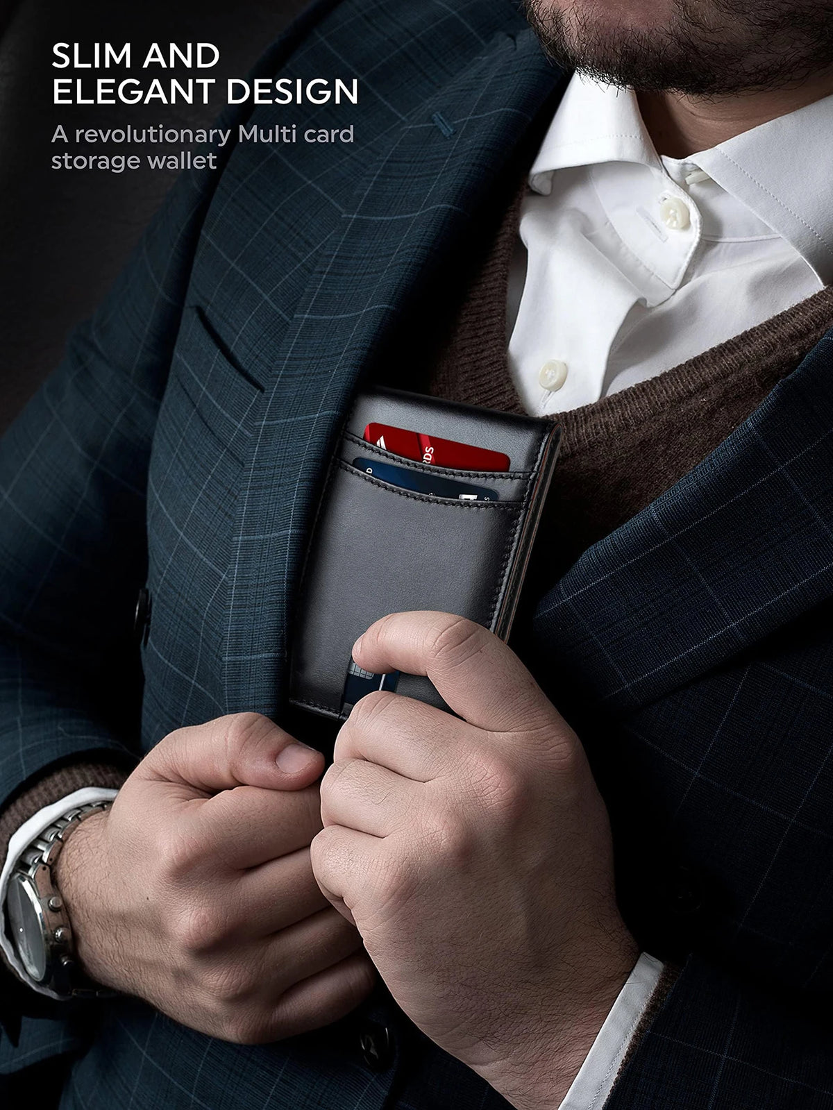 A man wearing a suit jacket is holding a slim minimalist card wallet with various cards inside.