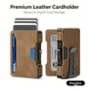 A brown leather cardholder featuring a slim metal wallet design for secure and stylish card storage.