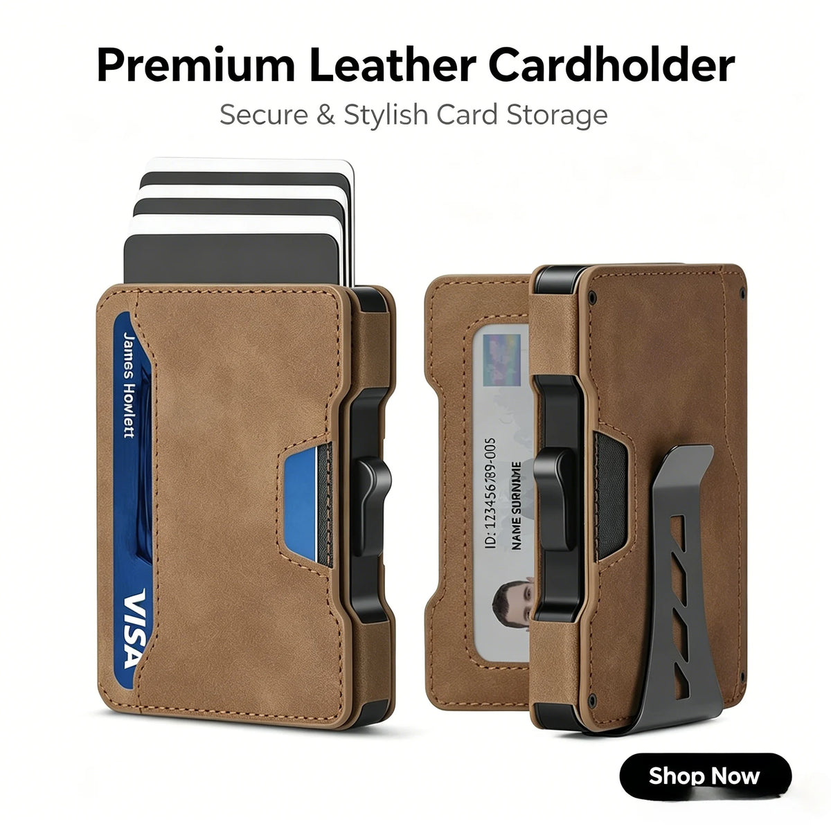 A brown leather cardholder featuring a slim metal wallet design for secure and stylish card storage.