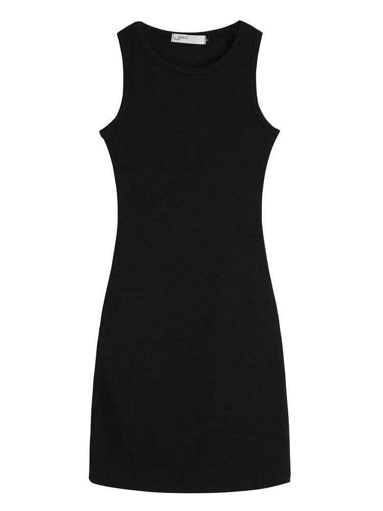 Black sleeveless bodycon tank dress with a slim fit and mini length.