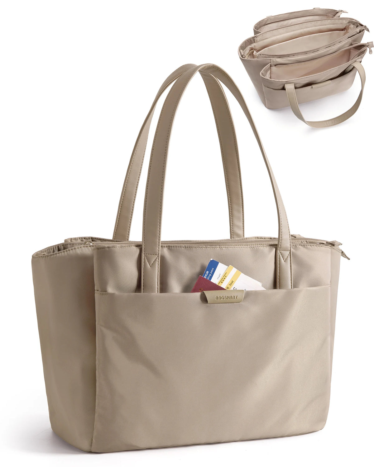 A beige premium women's laptop tote bag with padded straps and a separate pouch shown next to the main bag.