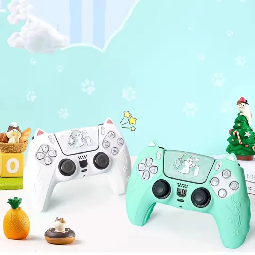 A white and green cat-themed silicone grip cover for a PlayStation 5 controller is displayed on a white surface.