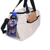 A beige waterproof sports duffel bag with black straps and a clear mesh pocket for storage.