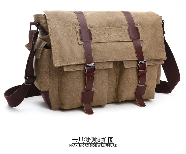 A tan canvas messenger bag with brown leather straps shown from the front.