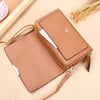 A tan leather multi-card shoulder wallet with a zipper and leather strap is shown on a light background.