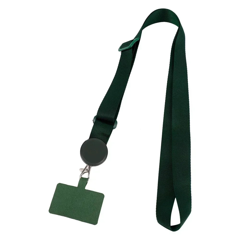 A dark green universal adjustable phone lanyard with a neck strap.