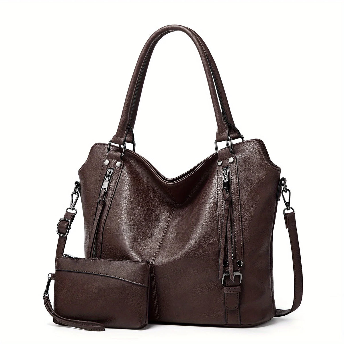 A dark brown women's PU leather crossbody tote bag with a flap and zippered details.