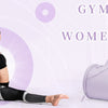 A purple gym duffle bag for women and men is shown next to a woman exercising.