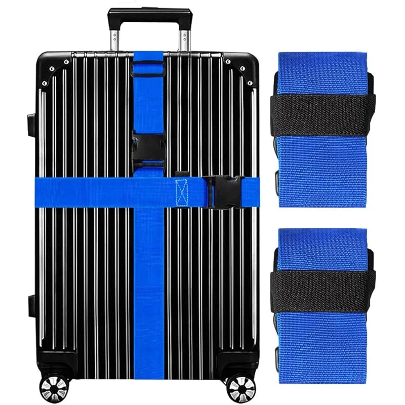 Black and blue adjustable luggage straps for suitcases with a handle.