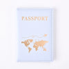 A light blue passport holder wallet with gold foil printing of the world map and the word PASSPORT.