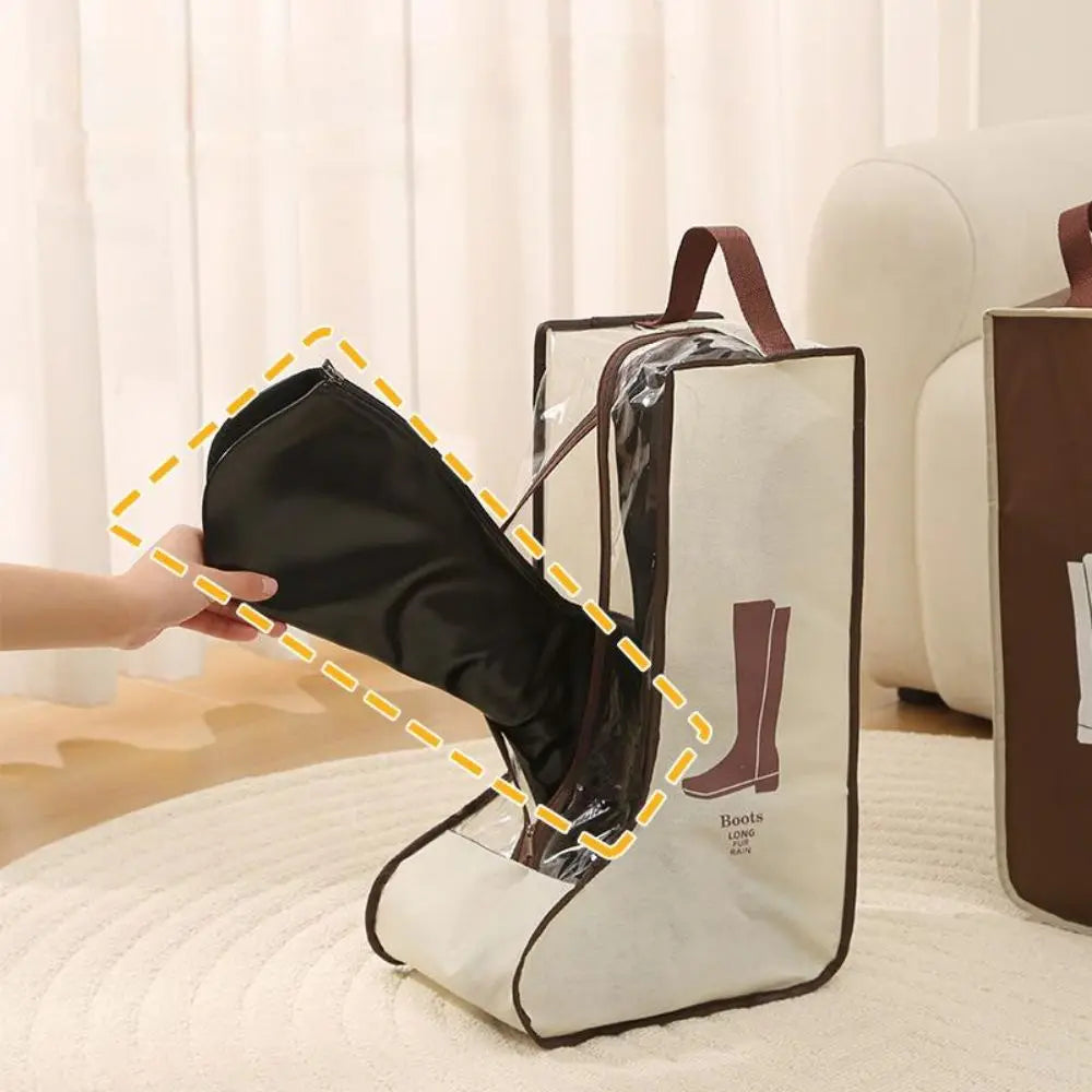 A portable waterproof boot storage bag with a brown strap is shown next to a pair of boots.