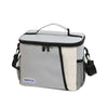 Gray and beige insulated reusable lunch bag with a black strap and mesh pocket.