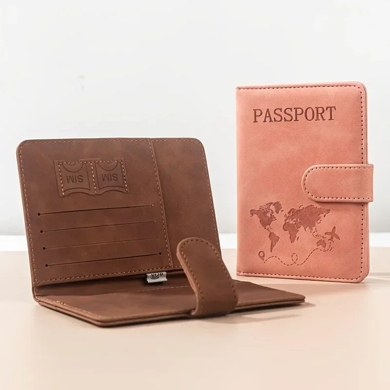 A brown leather passport wallet with a flap and embossed text is shown next to a pink passport wallet.