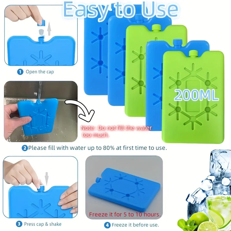 Ein Set wiederverwendbarer blau-grüner Kühlpacks in verschiedenen Nutzungsphasen zur Lebensmittelkühlung.