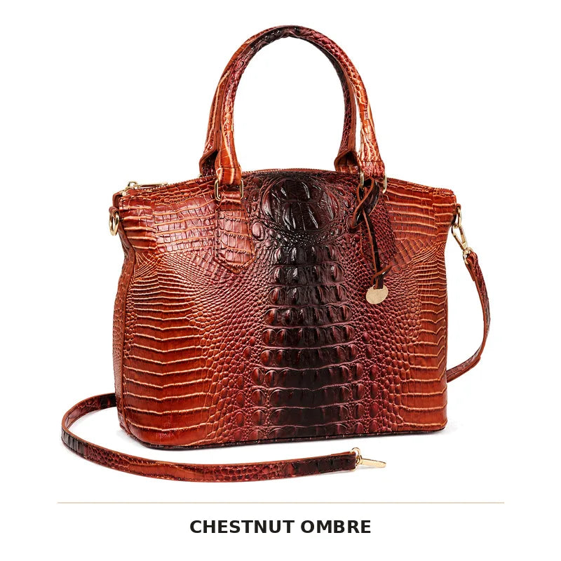 Braunes Krokodilmuster-Top mit Henkel, Crossbody-Tasche in Kastanien-Ombré.