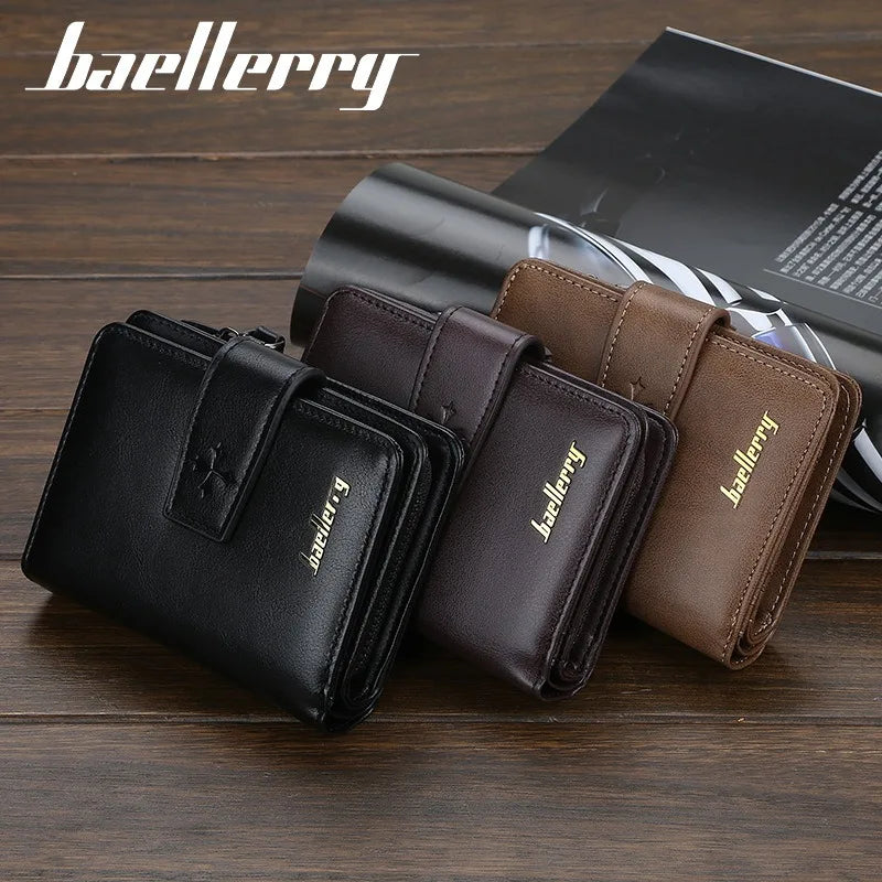 A set of three brown and black PU leather card holder wallets displayed on a dark wooden surface.