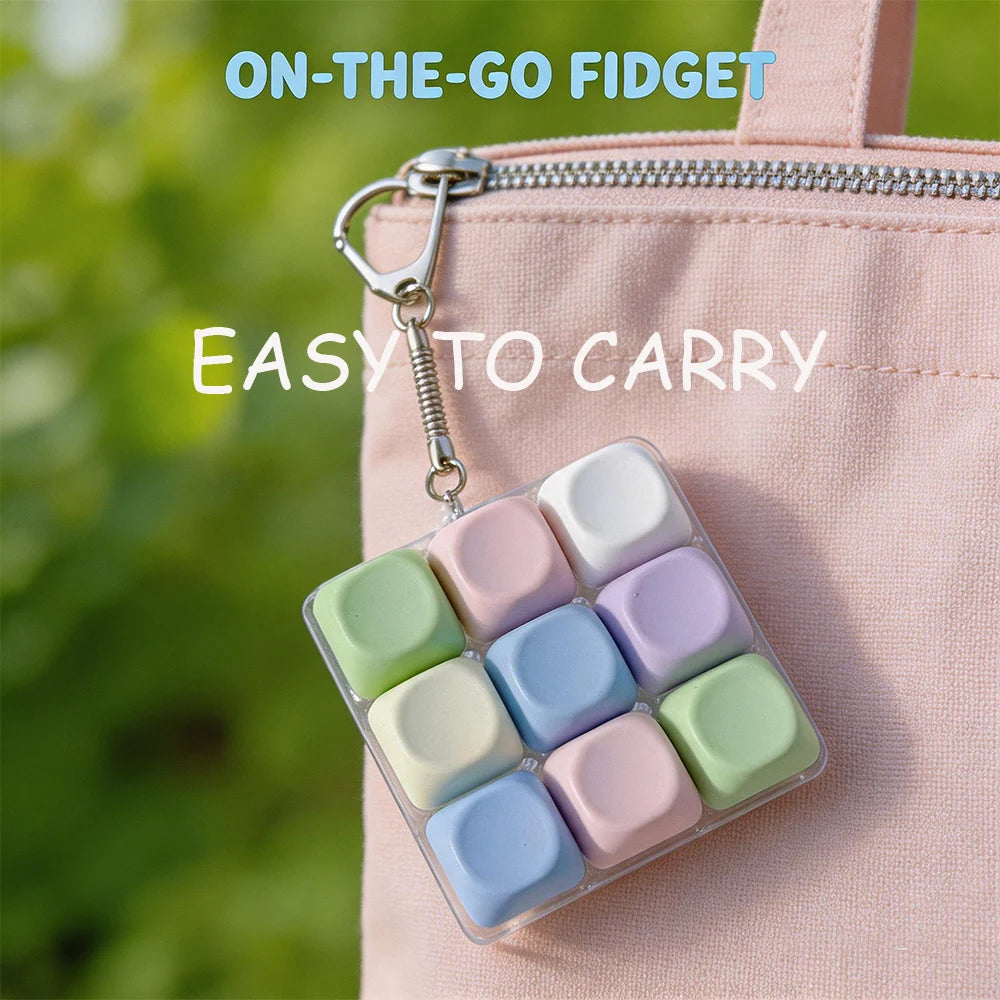 Un sac rose présente un kit anti-stress nomade avec des macarons en silicone colorés.