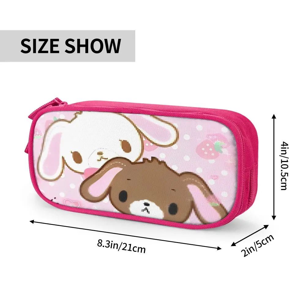 Pink pouch featuring a cute white rabbit design for a classic leather pencil case set.
