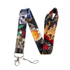 A black and white patterned lanyard featuring skulls, eyes, and floral designs.