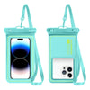 A teal waterproof phone case with a detachable strap is shown in a vertical orientation.
