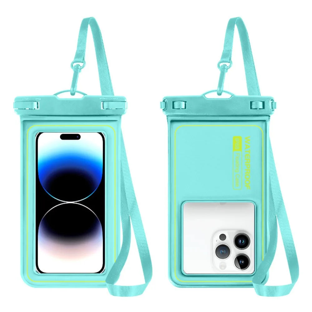 A teal waterproof phone case with a detachable strap is shown in a vertical orientation.
