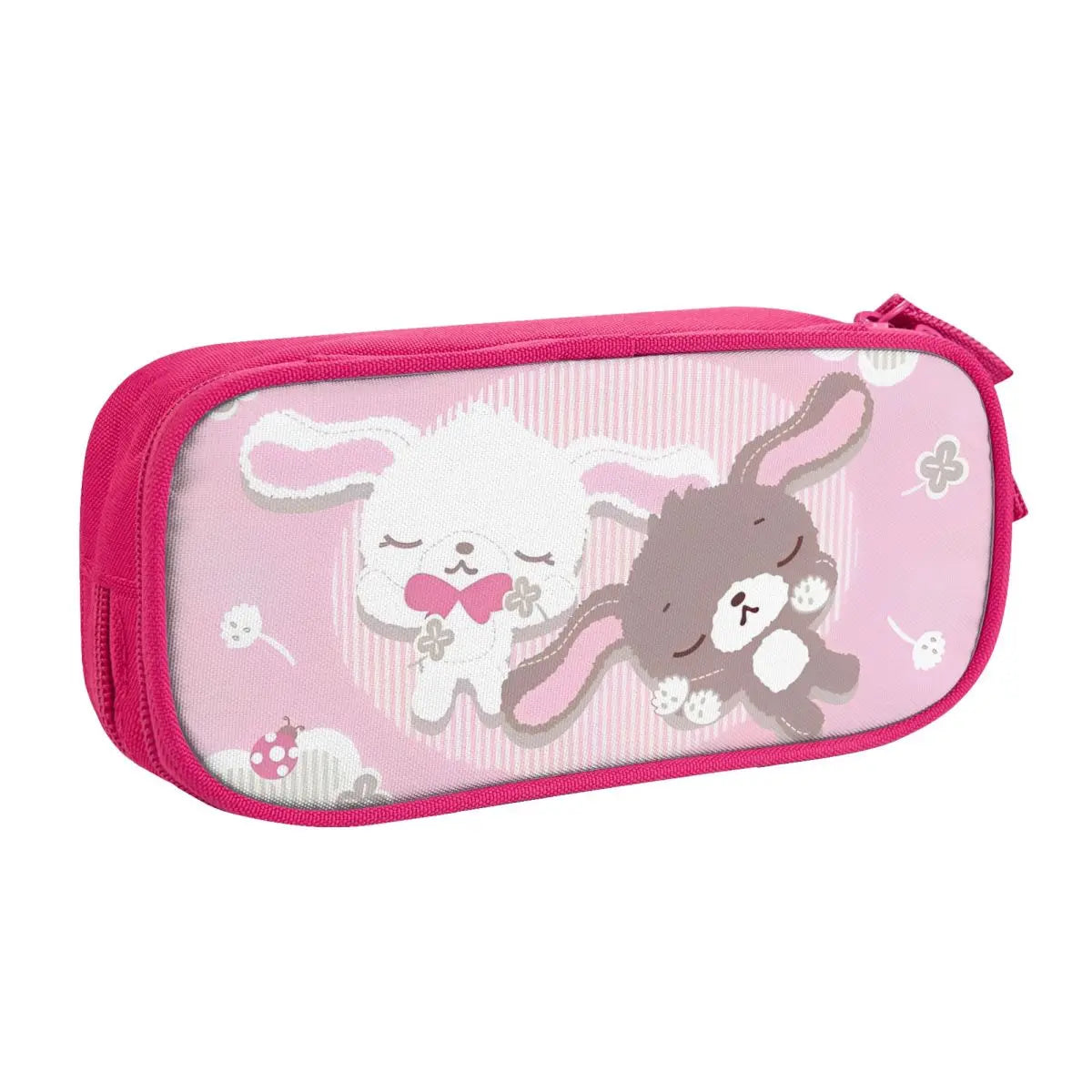 Pink zippered pencil case featuring a white rabbit design with pink accents.