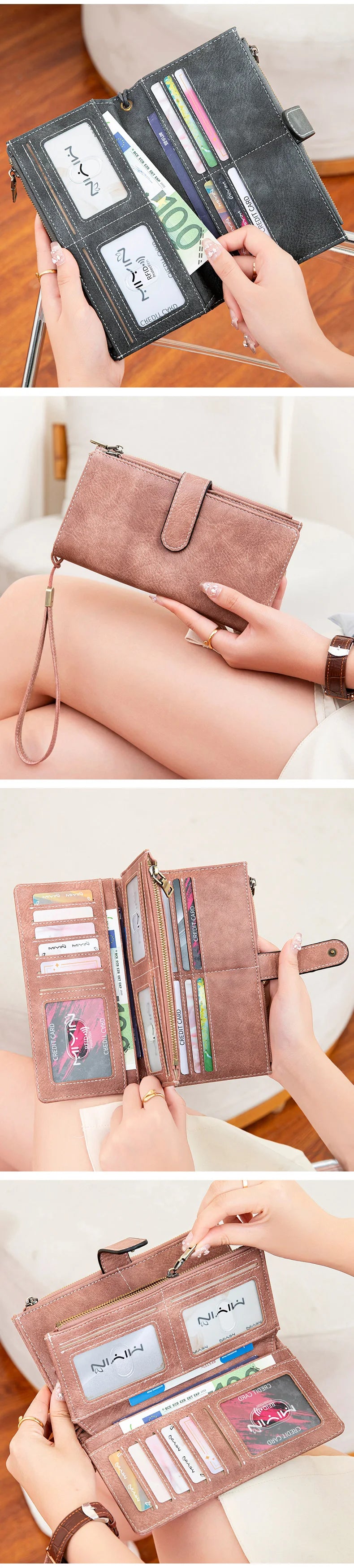 A close-up of a brown leather trifold clutch wallet with various card slots and a gold-toned clasp.