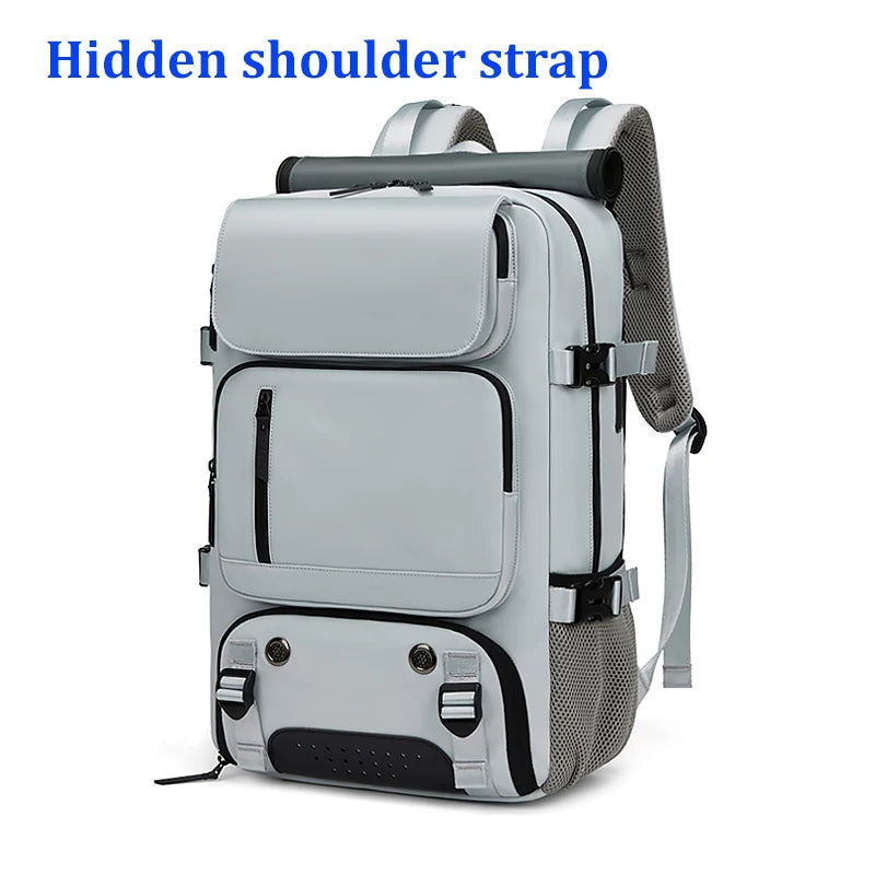 A gray travel backpack with a hidden shoulder strap is shown.