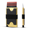 A gold and black RFID blocking metal pop-up card wallet with a protective sleeve and a metal card dispenser.
