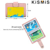 A pink leather card holder with a clear plastic sleeve showing 26 card slots and dimensions.
