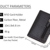 A black slim RFID-blocking card holder wallet made of carbon fiber and metal.